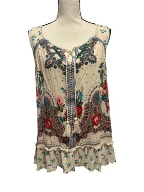 Boho Floral Tassel Sleeveless Top - Cream with Multicolor Floral Print